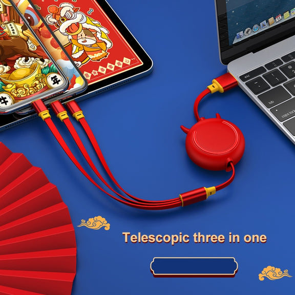 K042 1.2m 3A 3 in 1 USB to 8 Pin + USB-C / Type-C + Micro USB Bull Head Retractable Data Cable