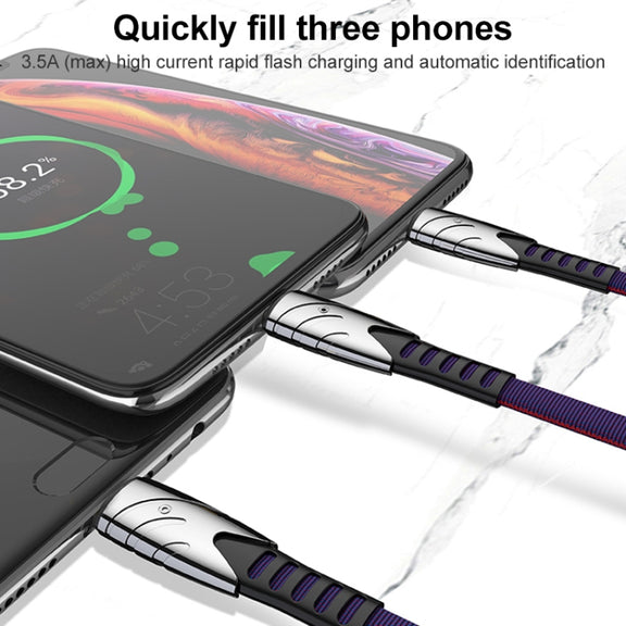 K051 1.2m 3 in 1 USB to 8 Pin + USB-C / Type-C + Micro USB Shark Fabric Data Cable(Black)