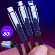 K051 1.2m 3 in 1 USB to 8 Pin + USB-C / Type-C + Micro USB Shark Fabric Data Cable(Blue)