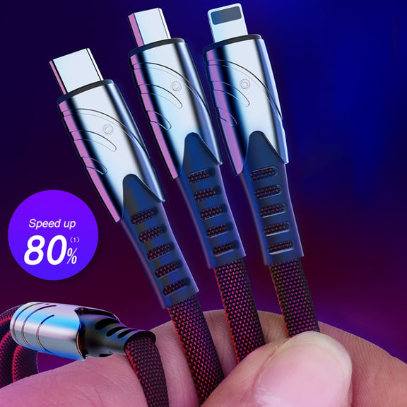 K051 1.2m 3 in 1 USB to 8 Pin + USB-C / Type-C + Micro USB Shark Fabric Data Cable(Blue)