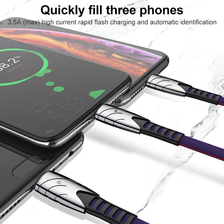 K051 1.2m 3 in 1 USB to 8 Pin + USB-C / Type-C + Micro USB Shark Fabric Data Cable(Red)