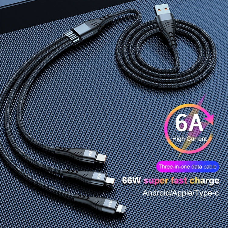 ADC-138 66W 3 in 1 USB to 8 Pin + Micro USB + USB-C / Type-C Fast Charging Braided Data Cable, Cable Length: 1.2m(Grey)