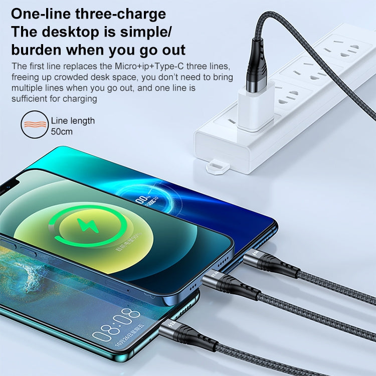 ADC-138 66W 3 in 1 USB to 8 Pin + Micro USB + USB-C / Type-C Fast Charging Braided Data Cable, Cable Length: 1.2m(Grey)