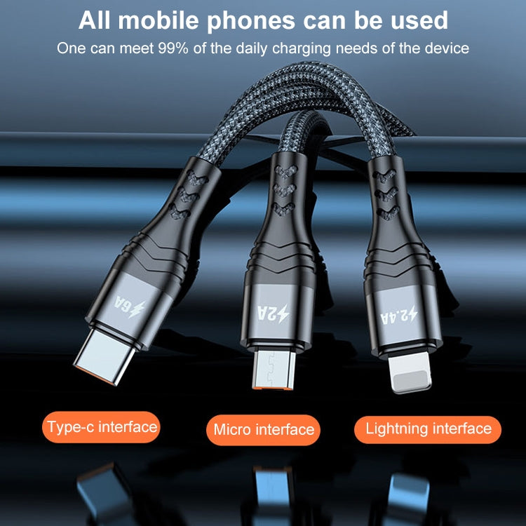 ADC-138 66W 3 in 1 USB to 8 Pin + Micro USB + USB-C / Type-C Fast Charging Braided Data Cable, Cable Length: 1.2m(Black)