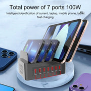 YFY-A54 100W USB + Type-C 5-Ports Smart Charging Station with Phone & Tablet Stand, EU Plug