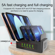 YFY-A54 100W USB + Type-C 5-Ports Smart Charging Station with Phone & Tablet Stand, UK Plug