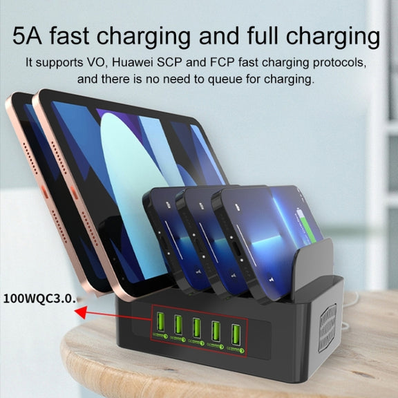 YFY-A54 100W USB + Type-C 5-Ports Smart Charging Station with Phone & Tablet Stand, EU Plug