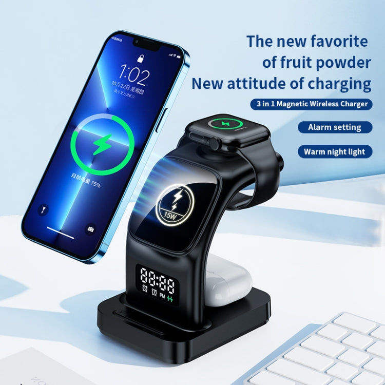 YP-HY05 15W 5 in 1 Magnetic Multifunctional Wireless Charger with Clock (Black)