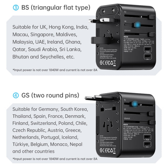 ROCK T62 35.5W Global Travel Multifunctional Plug PD Charger Power Adapter(Black)