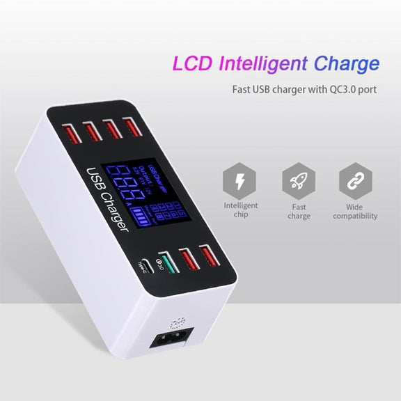A9 Plus (Global Version) Multi-function AC 100V~240V 8 Ports USB Digital Display LCD Detachable Charging Station Smart Charger with Wireless Charger,Support QC3.0 (White)