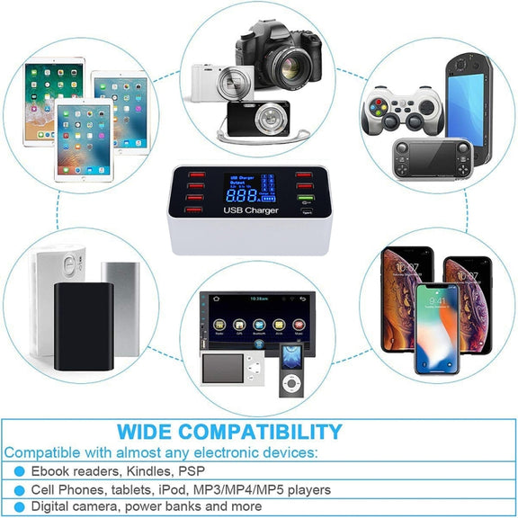 A9 Plus (Global Version) Multi-function AC 100V~240V 8 Ports USB Digital Display LCD Detachable Charging Station Smart Charger with Wireless Charger,Support QC3.0 (White)