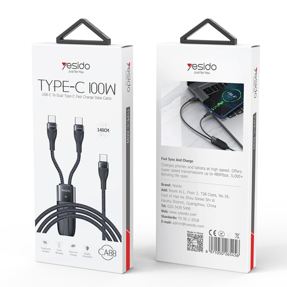 Yesido CA88 2 in 1 USB-C / Type-C to USB-C / Type-C Fast Charging Cable, Length: 1.2m