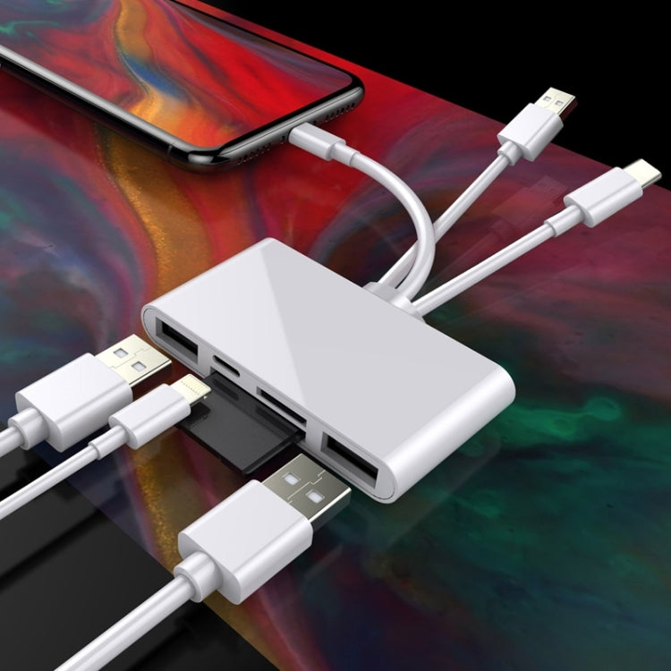 NK-1032 Pro 5 in 1 8 Pin + Type-C / USB-C + USB + TF Card + SD Card Multi-function Camera Reader Adapter