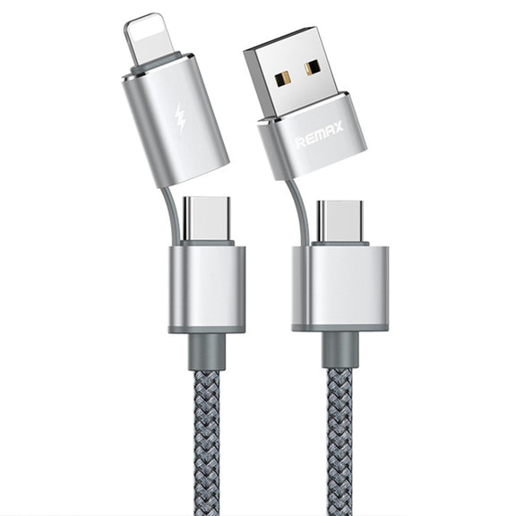 REMAX RC-020t 2.4A Aurora Series 4 in 1 8 Pin + USB +2 x Type-C Data Snyc Charging Cable, Cable Length: 1m(Silver)