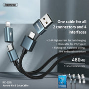 REMAX RC-020t 2.4A Aurora Series 4 in 1 8 Pin + USB +2 x Type-C Data Snyc Charging Cable, Cable Length: 1m(Silver)