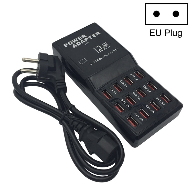 W-858 12A 12 Ports USB Fast Charging Dock Desktop Smart Charger AC100-240V, EU Plug (Black)