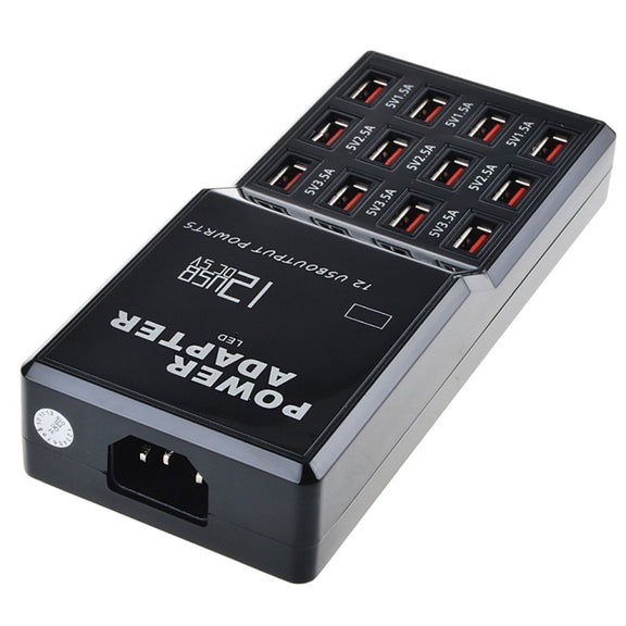W-858 12A 12 Ports USB Fast Charging Dock Desktop Smart Charger AC100-240V, EU Plug (Black)