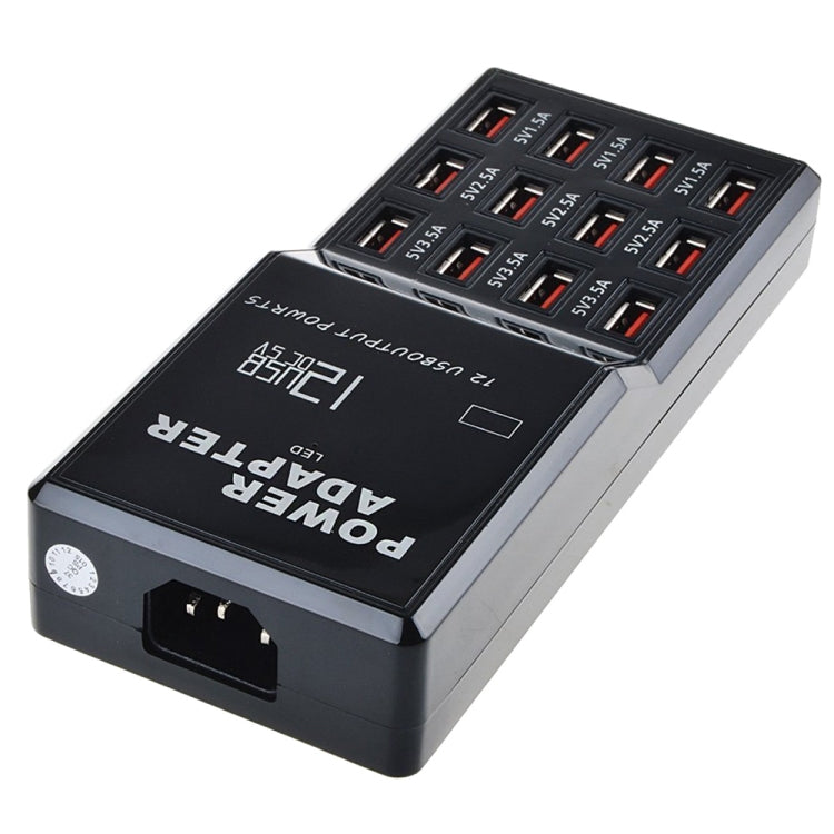 W-858 12A 12 Ports USB Fast Charging Dock Desktop Smart Charger AC100-240V, EU Plug (Black)