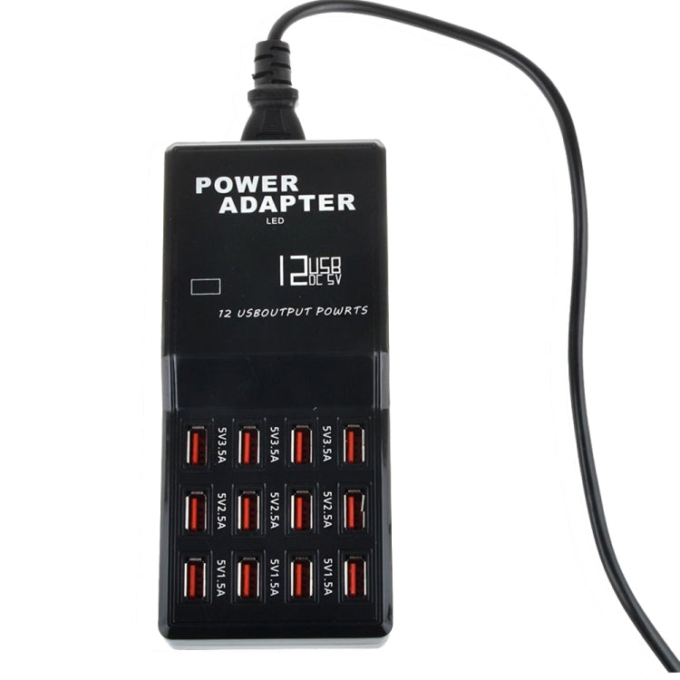 W-858 12A 12 Ports USB Fast Charging Dock Desktop Smart Charger AC100-240V, EU Plug (Black)