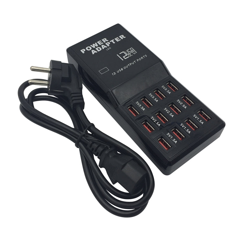 W-858 12A 12 Ports USB Fast Charging Dock Desktop Smart Charger AC100-240V, EU Plug (Black)