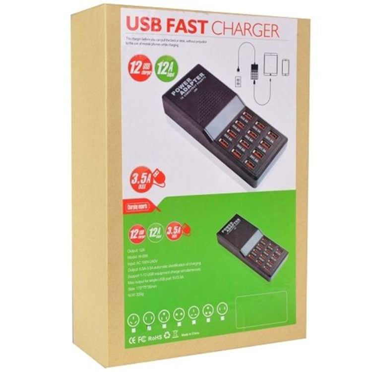 W-858 12A 12 Ports USB Fast Charging Dock Desktop Smart Charger AC100-240V, EU Plug (Black)