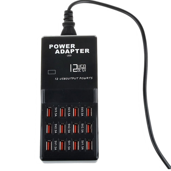 W-858 12A 12 Ports USB Fast Charging Dock Desktop Smart Charger AC100-240V, UK Plug (Black)