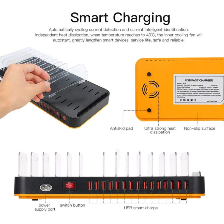 WLX-815 100W 15 Ports USB Fast Charging Dock Smart Charger with Phone & Tablet Holder, EU Plug