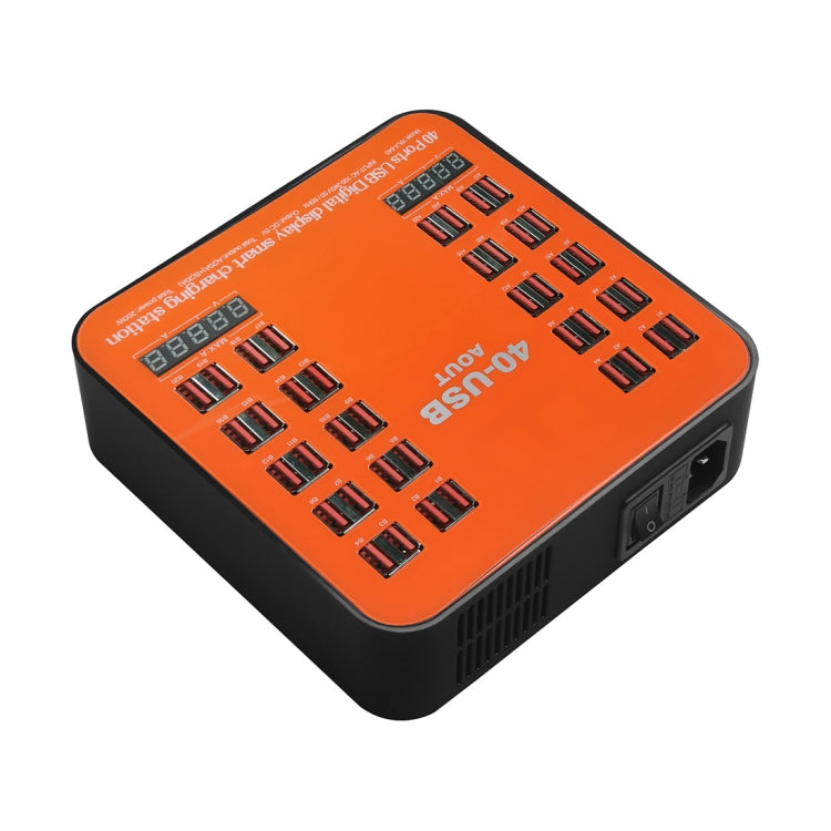 WLX-840 200W 40 Ports USB Digital Display Smart Charging Station AC100-240V, US Plug (Black+Orange)