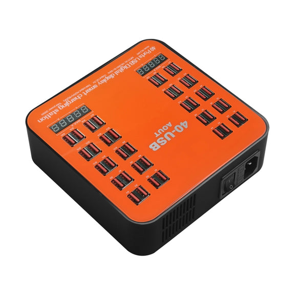 WLX-840 200W 40 Ports USB Digital Display Smart Charging Station AC100-240V, US Plug (Black+Orange)