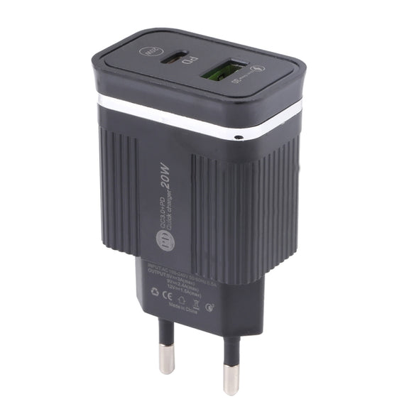 46-A2C2 20W PD + QC3.0 USB Multifunction Fast Charger，EU Plug(Black)