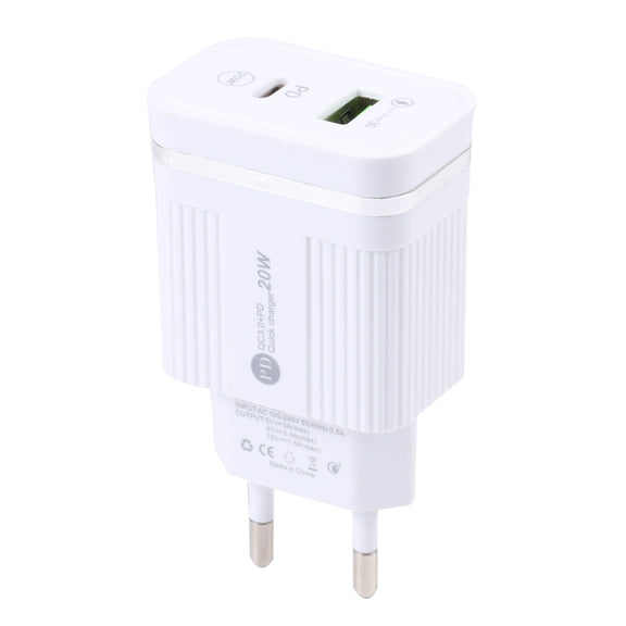 46-A2C2 20W PD + QC3.0 USB Multifunction Fast Charger，EU Plug(White)