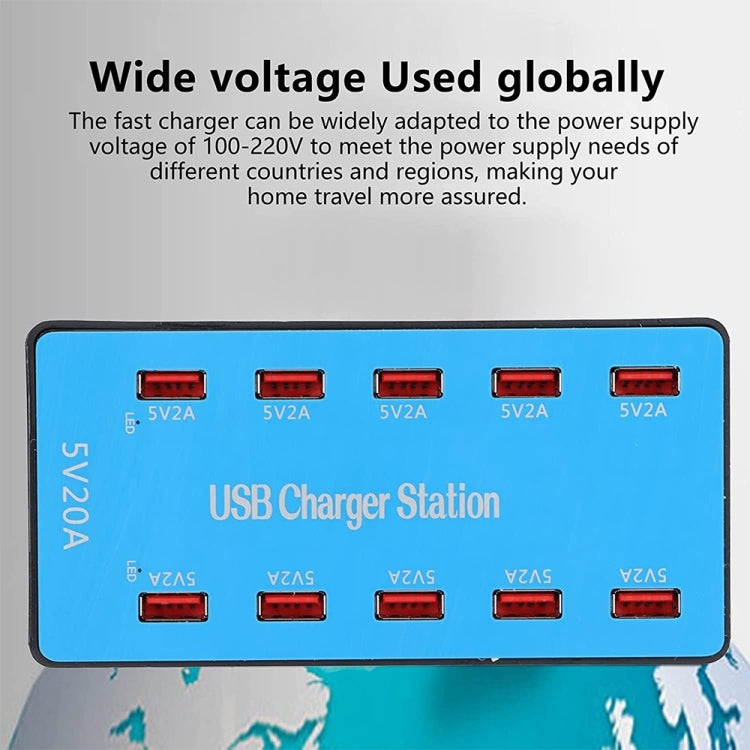 A5B 100W 10 Ports USB Smart Charging Station with Indicator Light, UK Plug