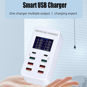 A8T 60W 8 Ports USB + QC3.0 + PD Type-C Smart Charging Station with Digital Display AC100-240V, EU Plug