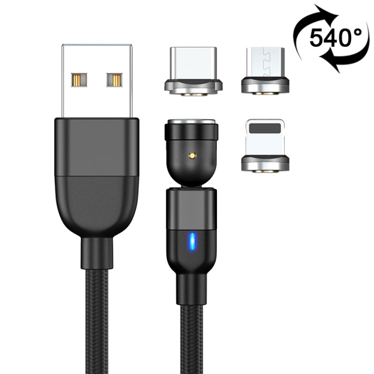 2m 3A Output 3 in 1 USB to 8 Pin + USB-C / Type-C + Micro USB 540 Degree Rotating Magnetic Data Sync Charging Cable(Black)