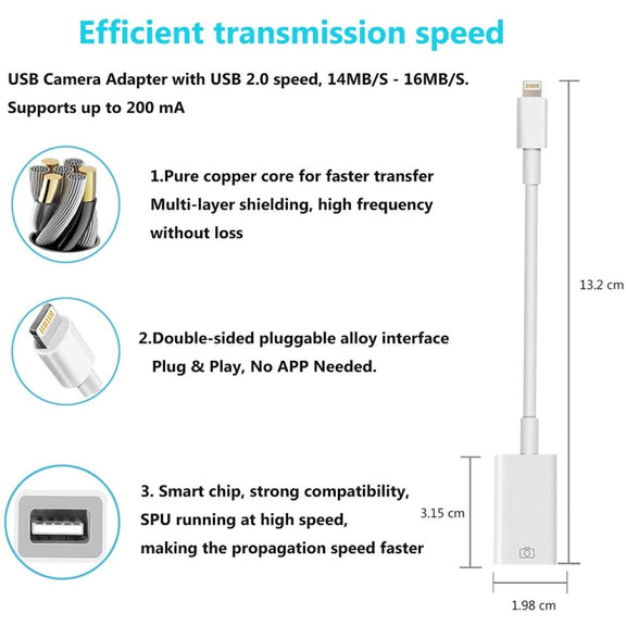 8 Pin to Single USB Port Camera Adapter, Support iOS 9.2 or Above (White)
