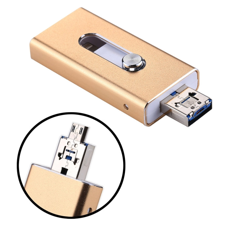 RQW-02 3 in 1 USB 2.0 & 8 Pin & Micro USB 32GB Flash Drive(Gold)