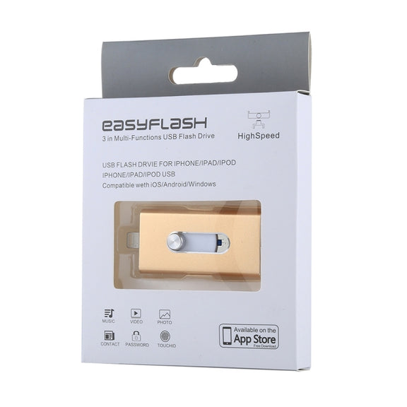 RQW-02 3 in 1 USB 2.0 & 8 Pin & Micro USB 32GB Flash Drive(Gold)