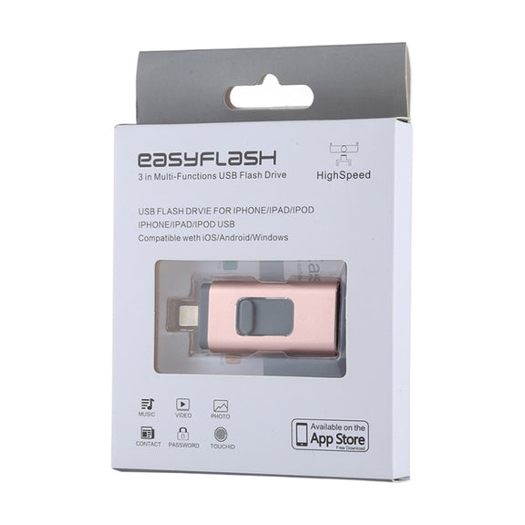 easyflash RQW-01B 3 in 1 USB 2.0 & 8 Pin & Micro USB 64GB Flash Drive(Rose Gold)