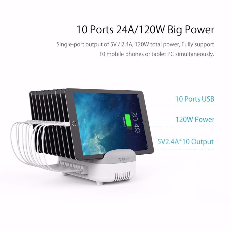 ORICO DUK-10P 120W 10 USB Ports Smart Charging Station with Phone & Tablet Stand, EU Plug(White)