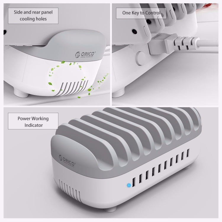 ORICO DUK-10P 120W 10 USB Ports Smart Charging Station with Phone & Tablet Stand, EU Plug(White)