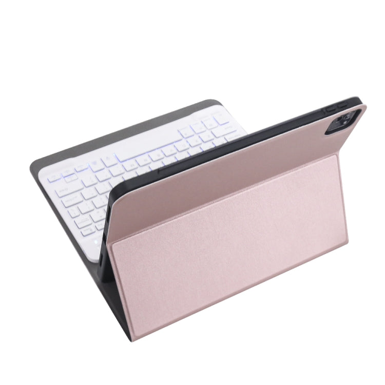 A11BS Ultra-thin ABS Detachable Bluetooth Keyboard Tablet Case with Backlight & Pen Slot & Holder for iPad Pro 11 2022 / 2021 / Air 5 / Air 4 (Rose Gold)