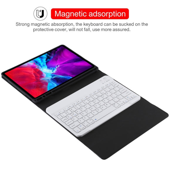 TG11B Detachable Bluetooth White Keyboard + Microfiber Leather Tablet Case for iPad Pro 11 inch (2020), with Pen Slot & Holder (Black)