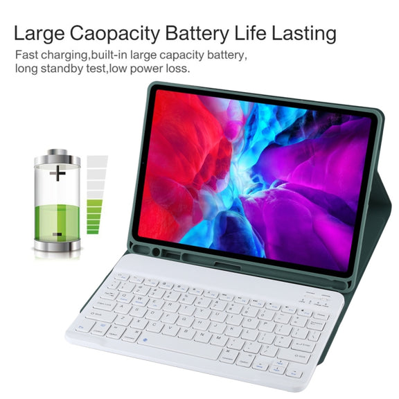 TG11B Detachable Bluetooth White Keyboard + Microfiber Leather Tablet Case for iPad Pro 11 inch (2020), with Pen Slot & Holder (Dark Green)