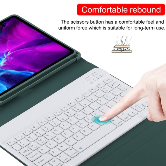 TG11B Detachable Bluetooth White Keyboard + Microfiber Leather Tablet Case for iPad Pro 11 inch (2020), with Pen Slot & Holder (Dark Green)