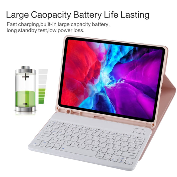 TG11B Detachable Bluetooth White Keyboard + Microfiber Leather Tablet Case for iPad Pro 11 inch (2020), with Pen Slot & Holder (Pink)