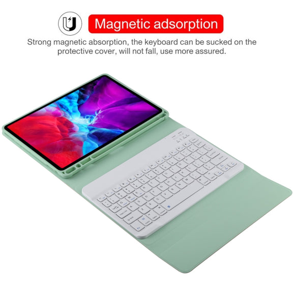 TG11B Detachable Bluetooth White Keyboard + Microfiber Leather Tablet Case for iPad Pro 11 inch (2020), with Pen Slot & Holder (Green)