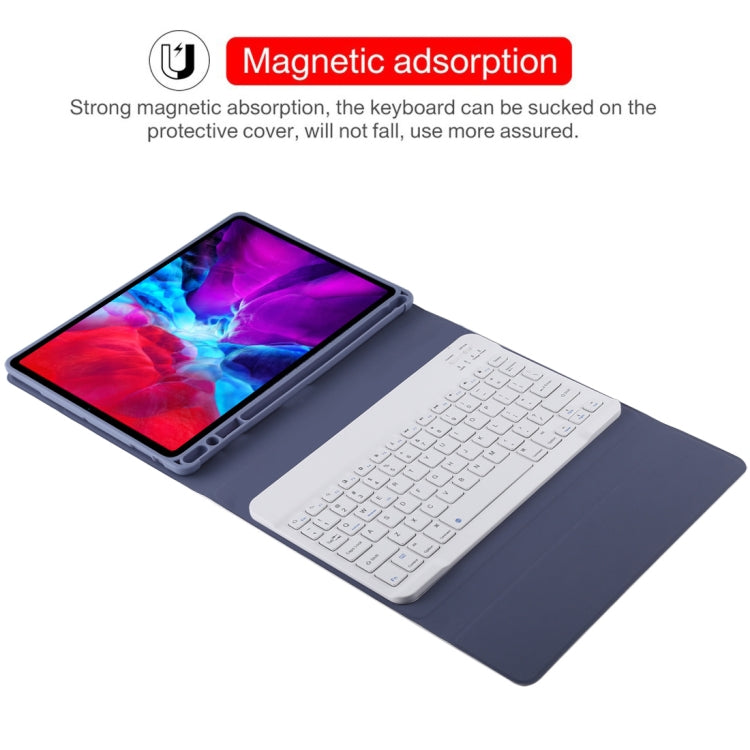 TG11B Detachable Bluetooth White Keyboard + Microfiber Leather Tablet Case for iPad Pro 11 inch (2020), with Pen Slot & Holder (Purple)