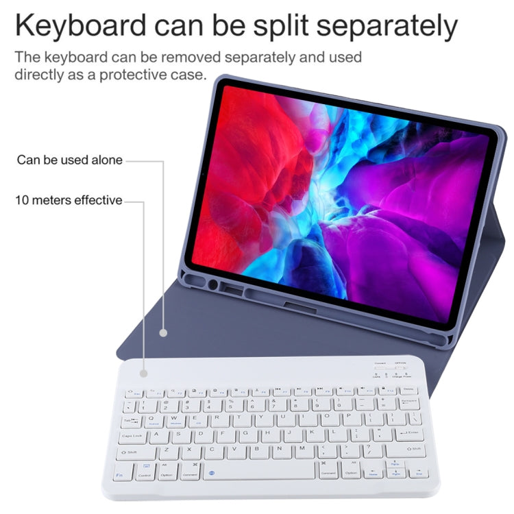 TG11B Detachable Bluetooth White Keyboard + Microfiber Leather Tablet Case for iPad Pro 11 inch (2020), with Pen Slot & Holder (Purple)