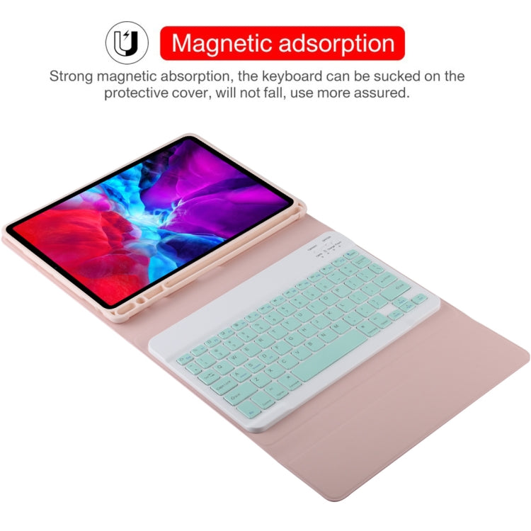 TG11B Detachable Bluetooth Green Keyboard + Microfiber Leather Tablet Case for iPad Pro 11 inch (2020), with Pen Slot & Holder (Pink)