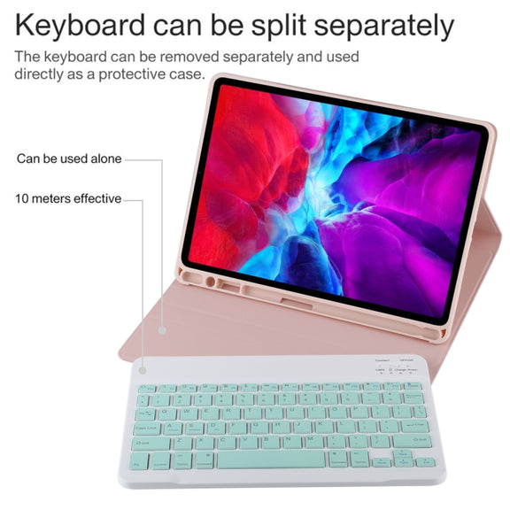 TG11B Detachable Bluetooth Green Keyboard + Microfiber Leather Tablet Case for iPad Pro 11 inch (2020), with Pen Slot & Holder (Pink)